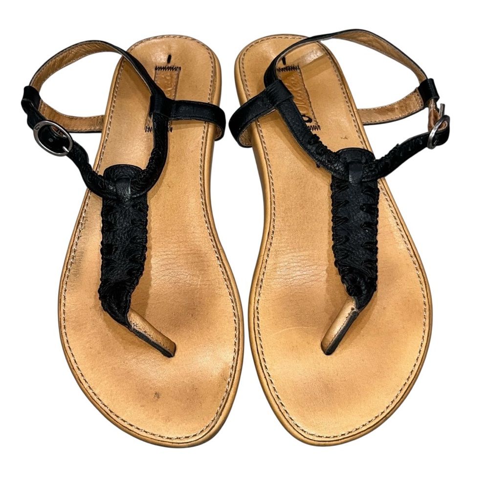 Olukai Kakuna Black & Tan Leather T Strap Thong Sandals Shoes Women’s size 7